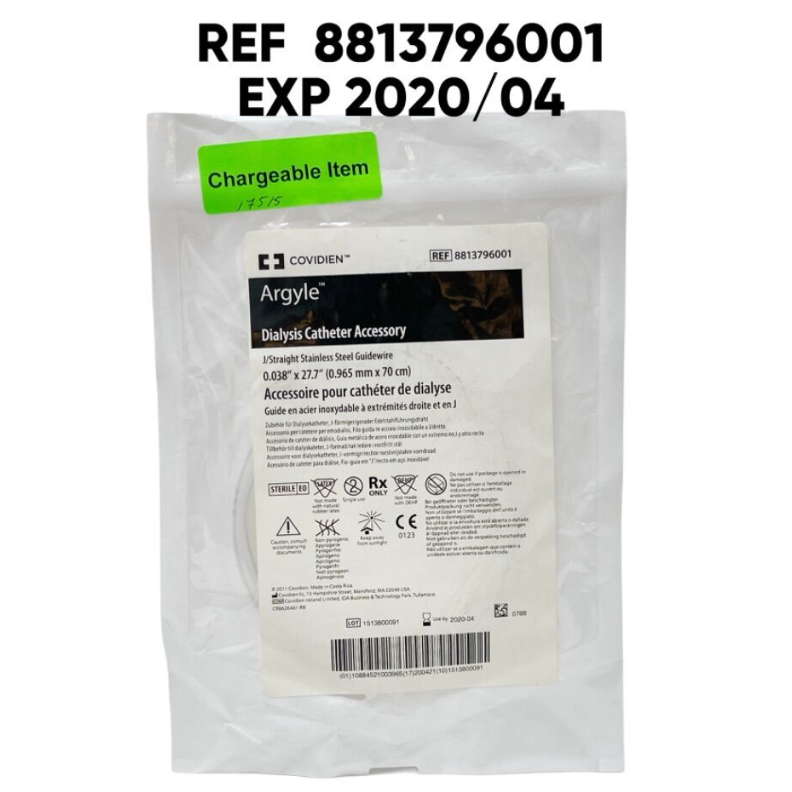 COVIDIEN 8813796001 Argyle Dialysis Catheter Accessory J/Straight Stainless Steel Guidewire 0.038