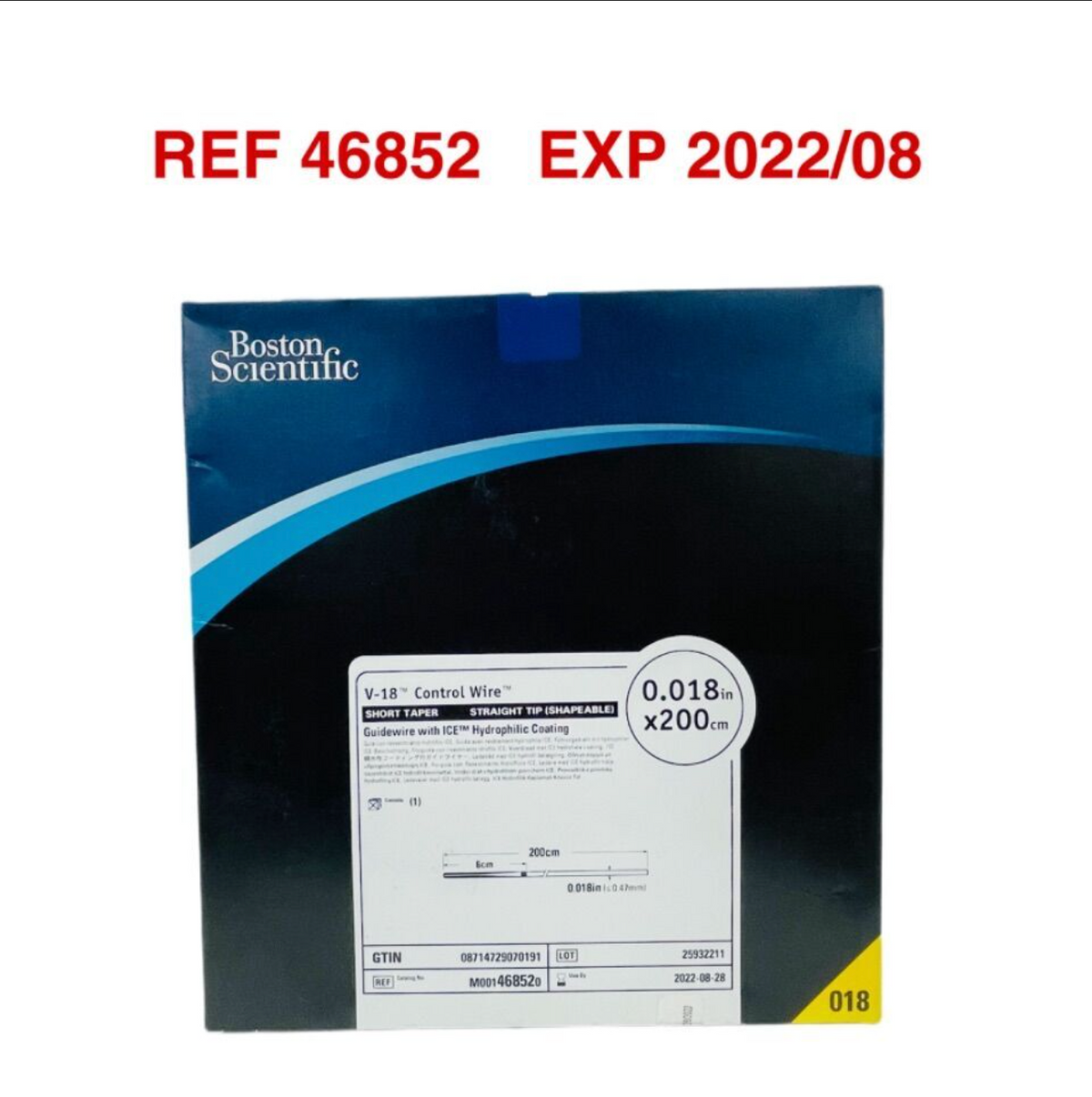 BOSTON SCIENTIFIC 46852 V-18 Control Wire SHORT TAPER STRAIGHT. TIP (SHAPEABLE) Guidewire with ICET Hydrophilic Coating EXP 2022 08