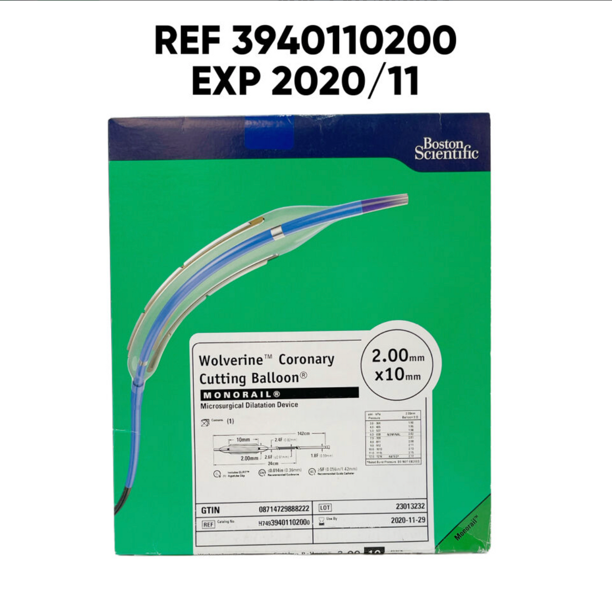 BOSTON SCIENTIFIC 3940110200 Wolverine Coronary Cutting Balloon MONORAIL Microsurgical Dilatation Device 2.00 mm x10 mm EXP 2020 11
