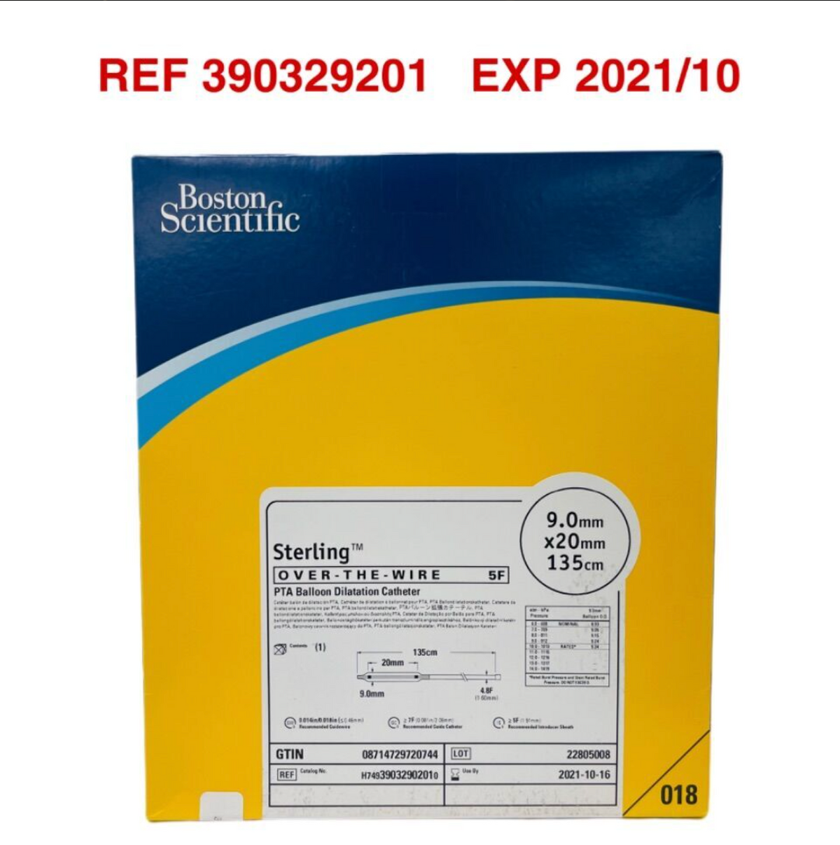 BOSTON SCIENTIFIC 390329201 Sterling OVER-THE -WIRE 5F PTA Balloon Dilatation Catheter 9.0mm x20mm 135cm EXP 2021 10