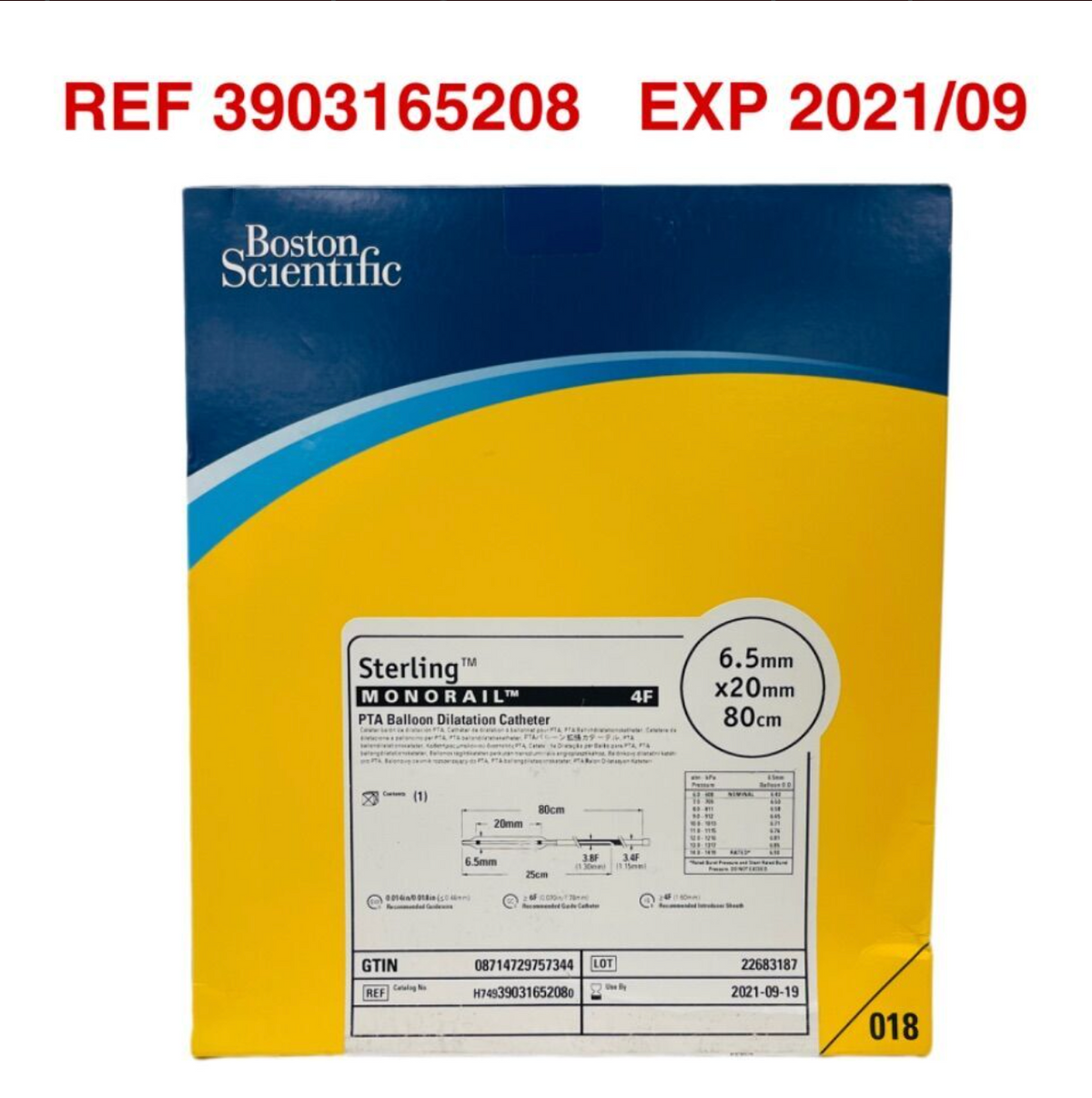 BOSTON SCIENTIFIC 3903165208 Sterling MONORAIL 4F PTA Balloon Dilatation Catheter 6.5mm x20 mm 80cm EXP 2021 09