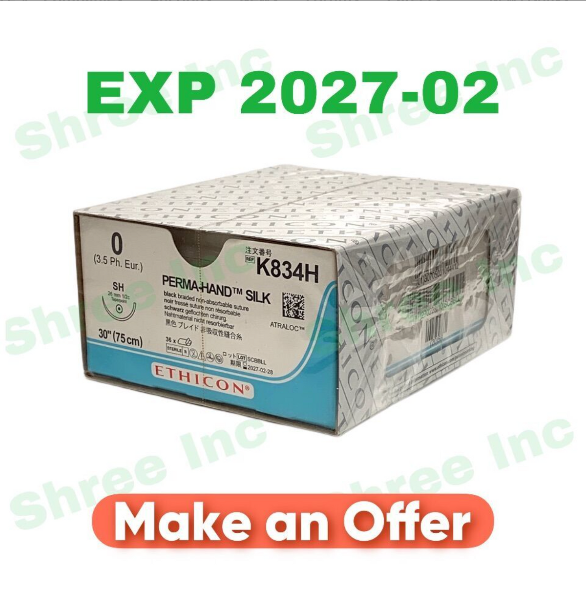ETHICON K834H PERMA HAND SILK black braided non-absorbable suture EXP 2027 02