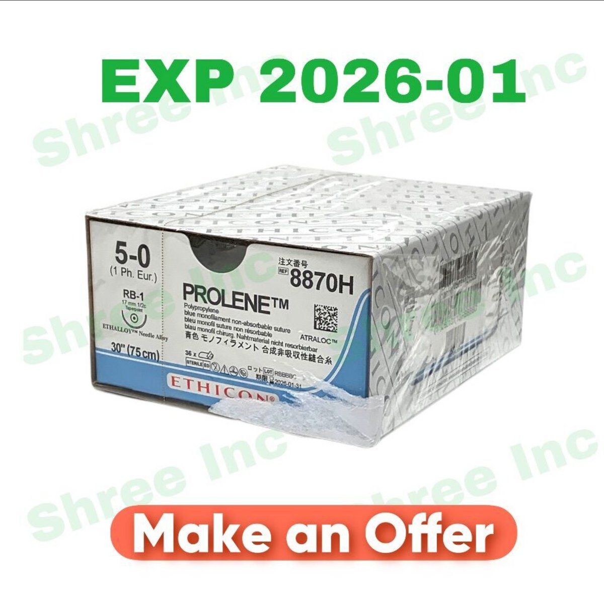 ETHICON 8870H PROLENE Polypropylene blue monofilament non-absorbable suture EXP 2026 01