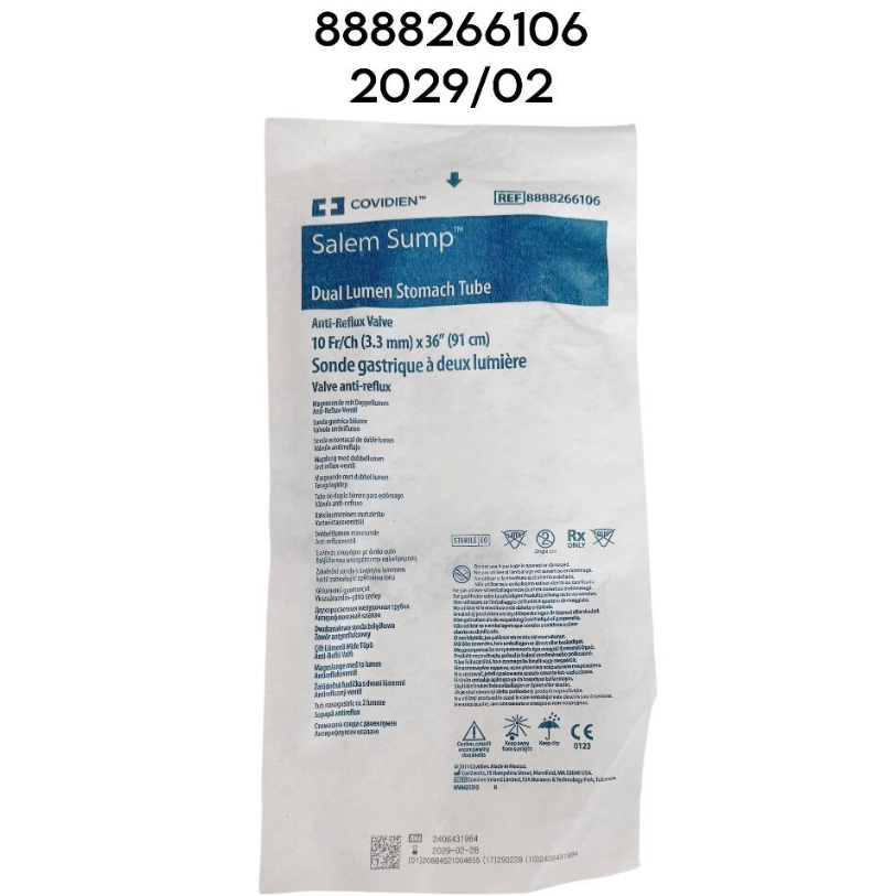COVIDIEN 8888266106 Salem Sump Dual Lumen Stomach Tube Anti-Reflux Valve 10 Fr Ch X 36"  EXP.2029 02