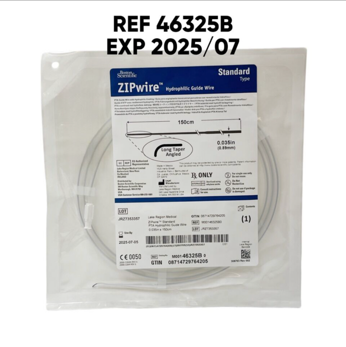 BOSTON SCIENTIFIC 46325B ZIPwire Hydrophilic Guide Wire Standard Type,150cm 0.035in (0.89mm) EXP 2025 07