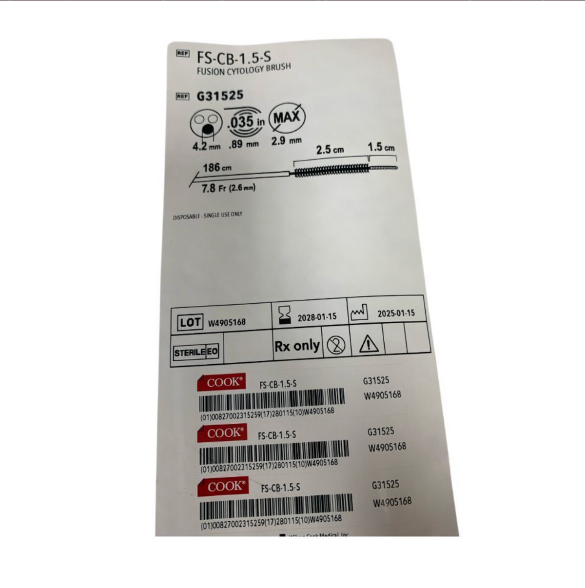 COOK MEDICAL FS-CB-1.5-S / G31525 Fusion Cytology Brush 7.8 Fr 186 cm EXP 2028 01