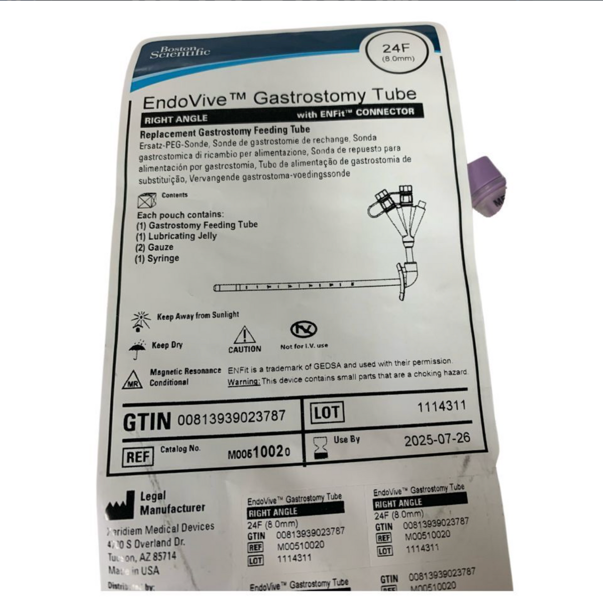 BOSTON SCIENTIFIC M00510020 EndoVive Right Angle Replacement Gastrostomy Feeding Tube with ENFit Connector 24 Fr 8mm Box of 1 EXP 2025 07