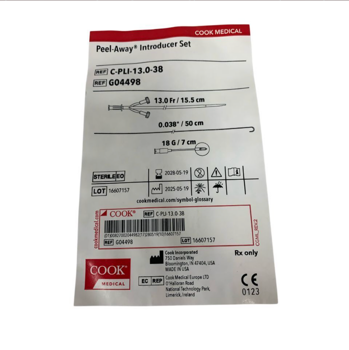 COOK MEDICAL C-PLI-13.0-38 / G04498 Peel-Away Introducer Set 13.0 Fr 15.5 cm EXP 2028 05