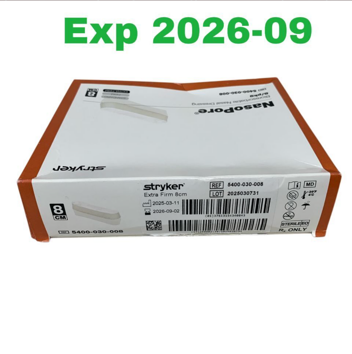 STRYKER 5400-030-008 NasoPore Extra Firm Bioresorbable Nasal Dressing 8 cm Box of 8 EXP 2026 09