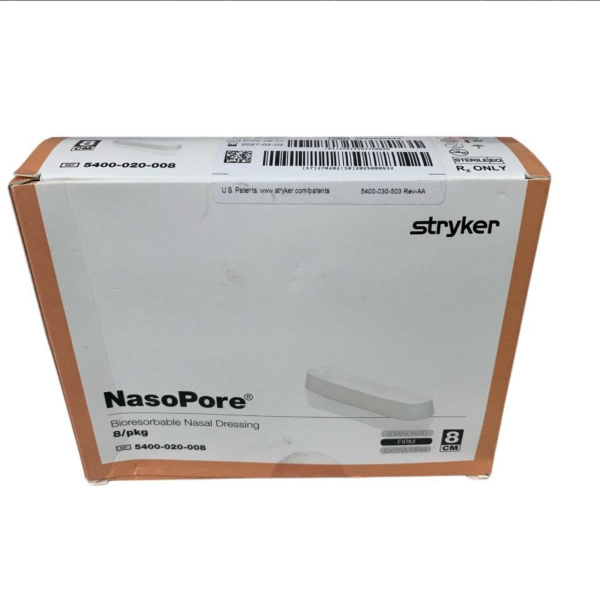 STRYKER 5400-020-008 NasoPore Firm Bioresorbable Nasal Dressing 8 cm Box of 8 EXP 2027 02