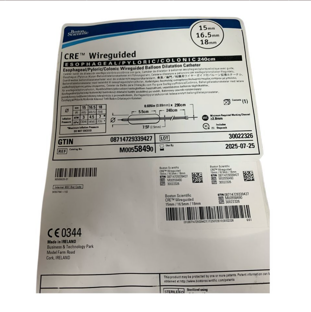 BOSTON SCIENTIFIC M00558490 CRE Wireguided Esophageal / Pyloric / Colonic Balloon Dilatation Catheter 15mm 16.5mm 18mm 240cm Box of 1 EXP 2025 07