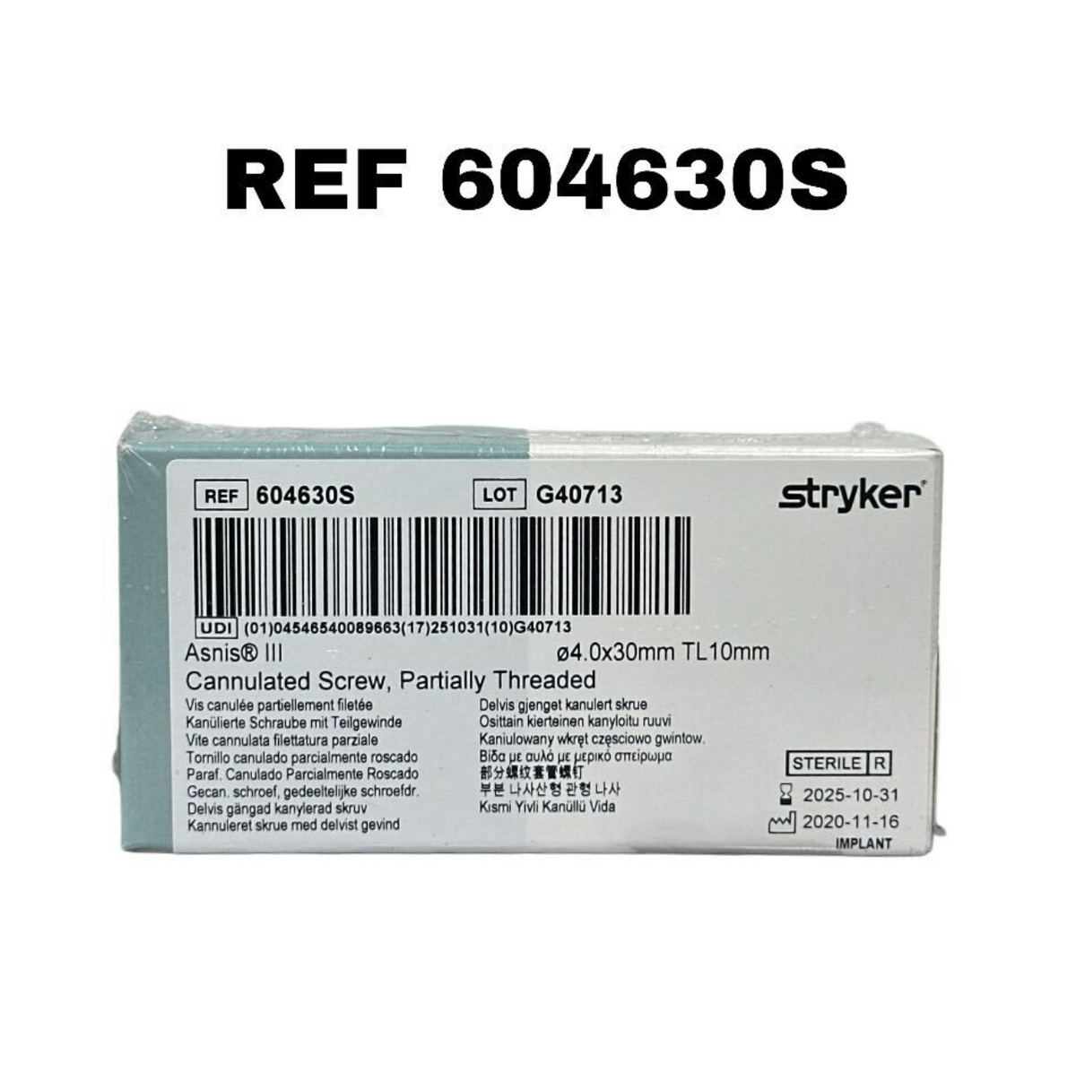STRYKER 604630S Asnis III Cannulated Screw 4.0 × 30mm TL10mm Partially Threaded EXP 2025 10