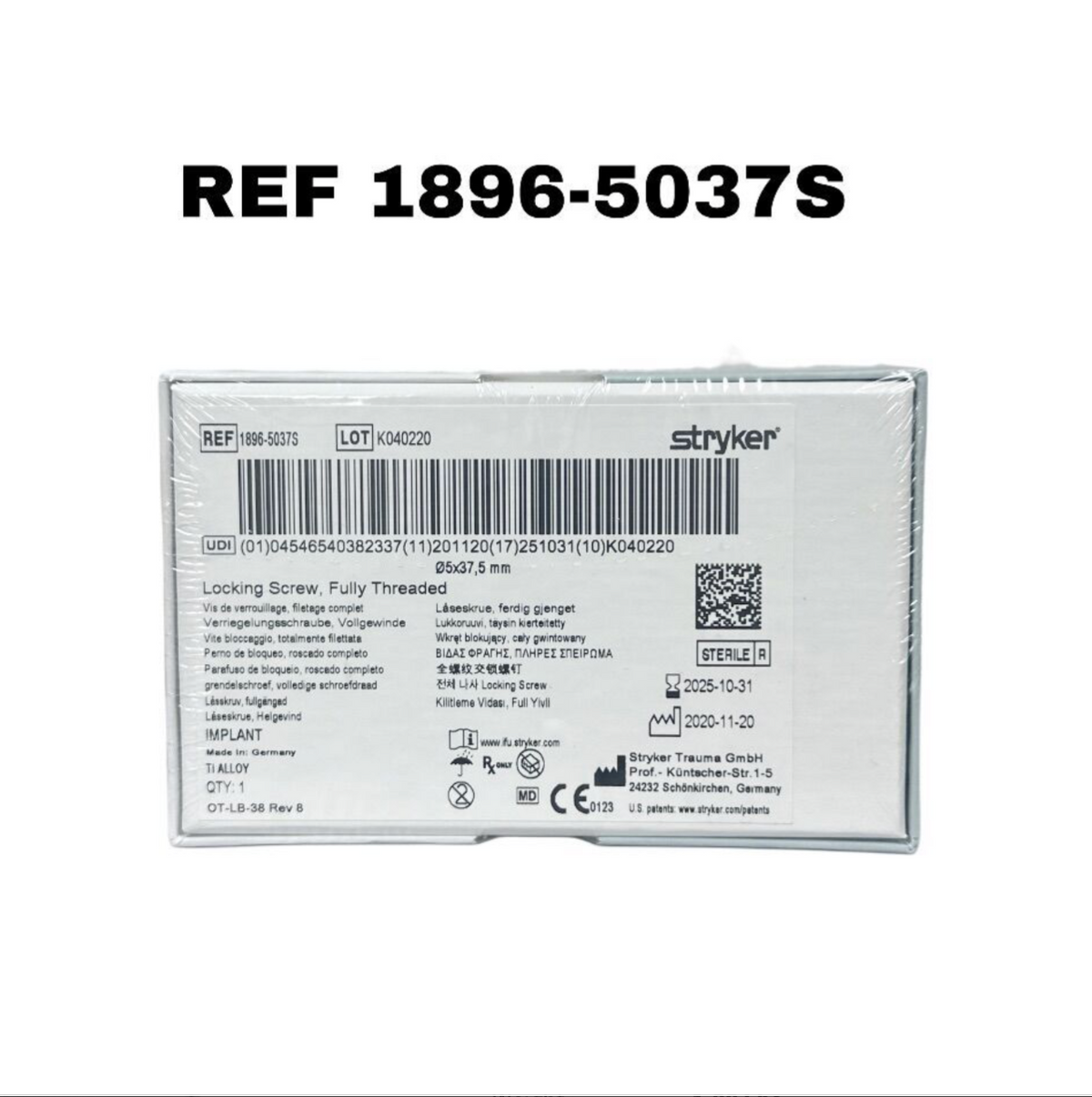 STRYKER 1896-5037S Locking Screw 5 × 37.5mm Fully Threaded EXP 2025 10