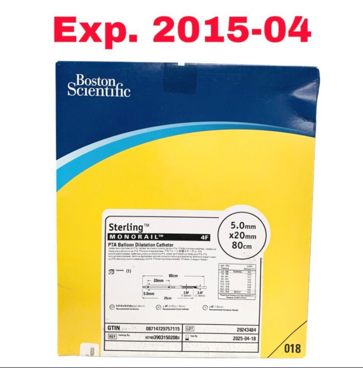 BOSTON SCIENTIFIC H74939031502080 terling Monorail PTA Balloon Catheter (5.0mm x 20mm, 80cm) Exp 2015 04