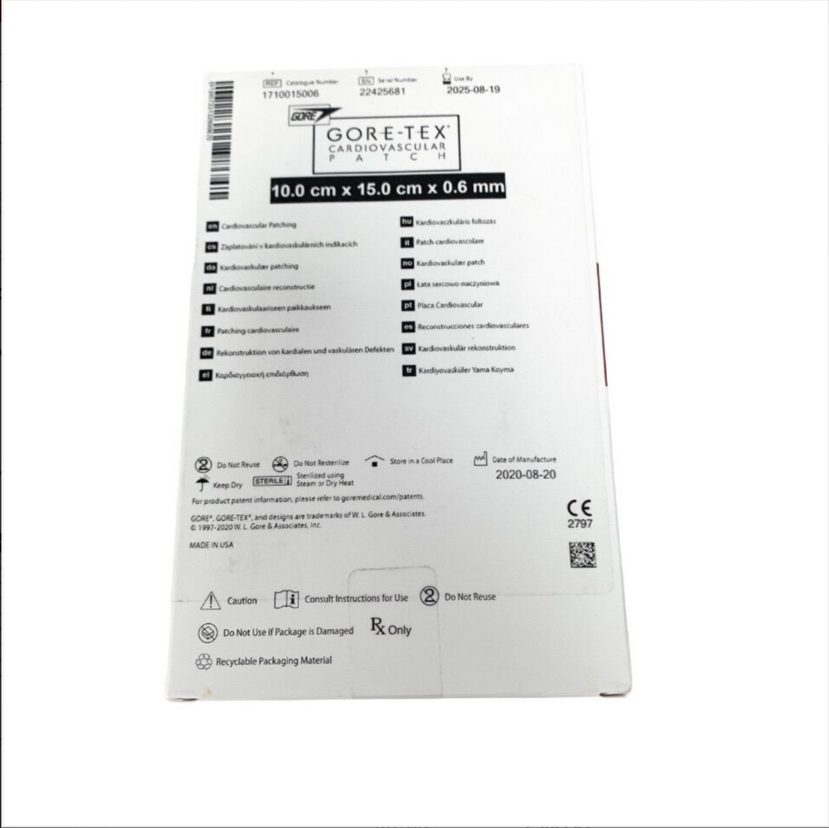 GORE 1710015006 TEX Cardiovascular Patch 10 x 15 cm 0.6 mm Surgical Implant Exp 2020 08