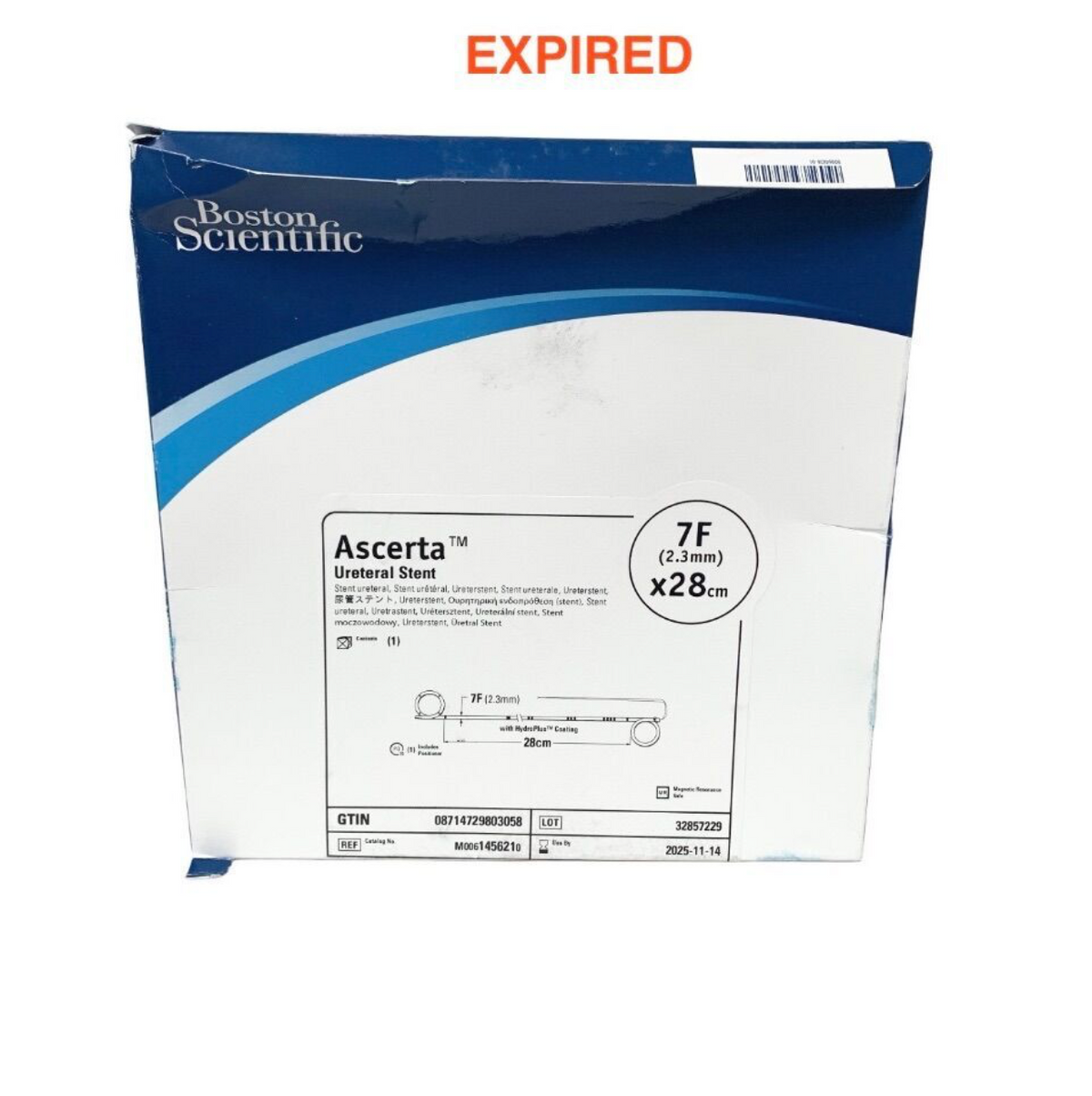 BOSTON SCIENTIFIC M0061456210 ASCERTA URETERAL STENT 7F 28CM WITH HYDROPLUS COATING EXP 2025 11