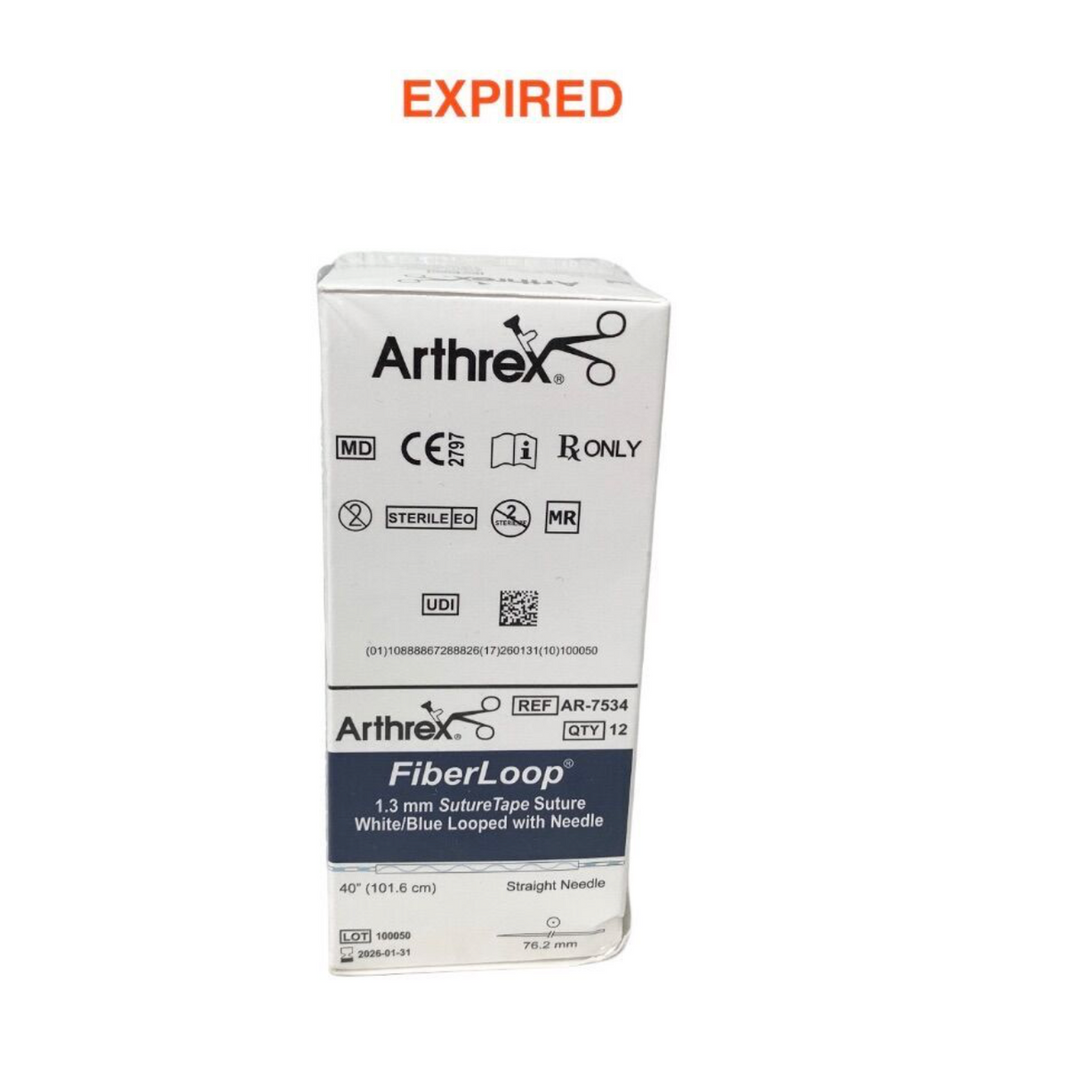 ARTHREX AR-7534 FIBERLOOP 1.3MM SUTURETAPE SUTURE WHITE BLUE LOOPED WITH STRAIGHT NEEDLE 40IN STERILE EO QTY 12 EXP 2026 01
