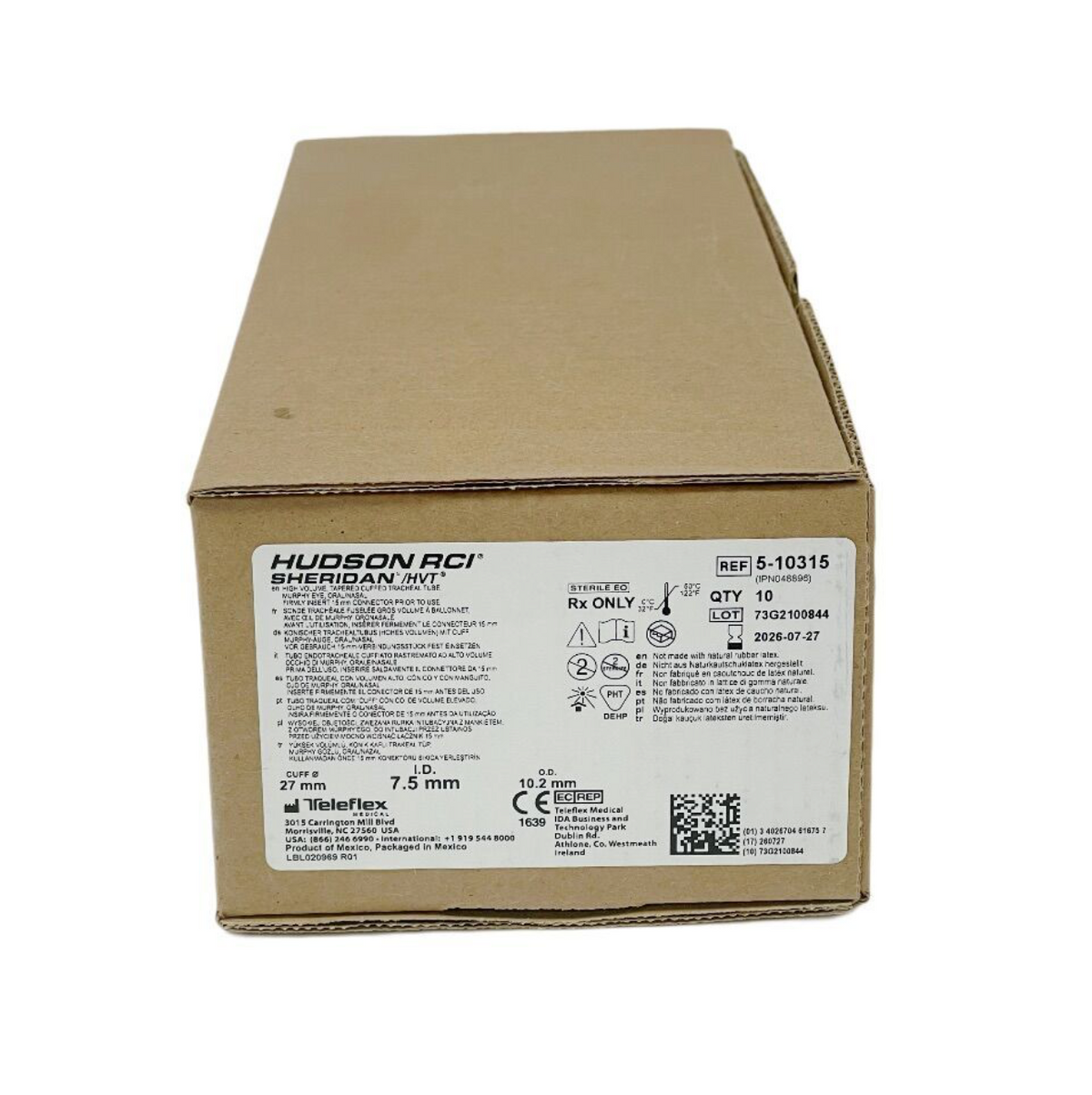 TELEFLEX MEDICAL 5-10315 Hudson RCI Sheridan/HVT High Volume Tapered Cuffed Tracheal Tube Murphy Eye Oral/Nasal 27mm Cuff 7.5mm I.D. 10.2mm O.D. (Box Of 10) EXP 2026 07