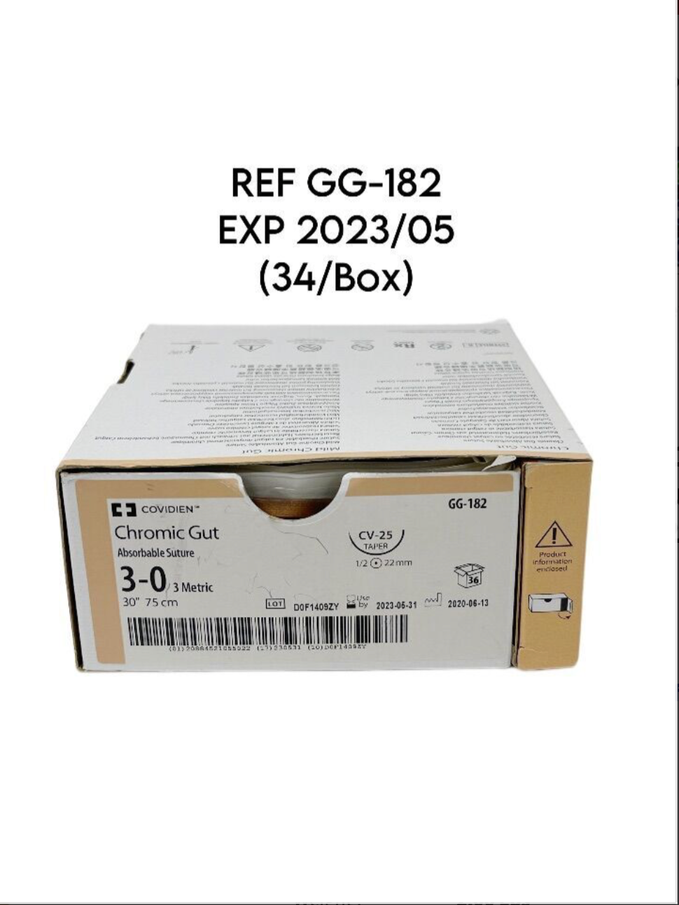 COVIDIEN GG-182 Chromic Gut Absorbable Suture 3-0 3 Metric 30" 75 cm CV-25 EXP 2023 05 (34/Box)