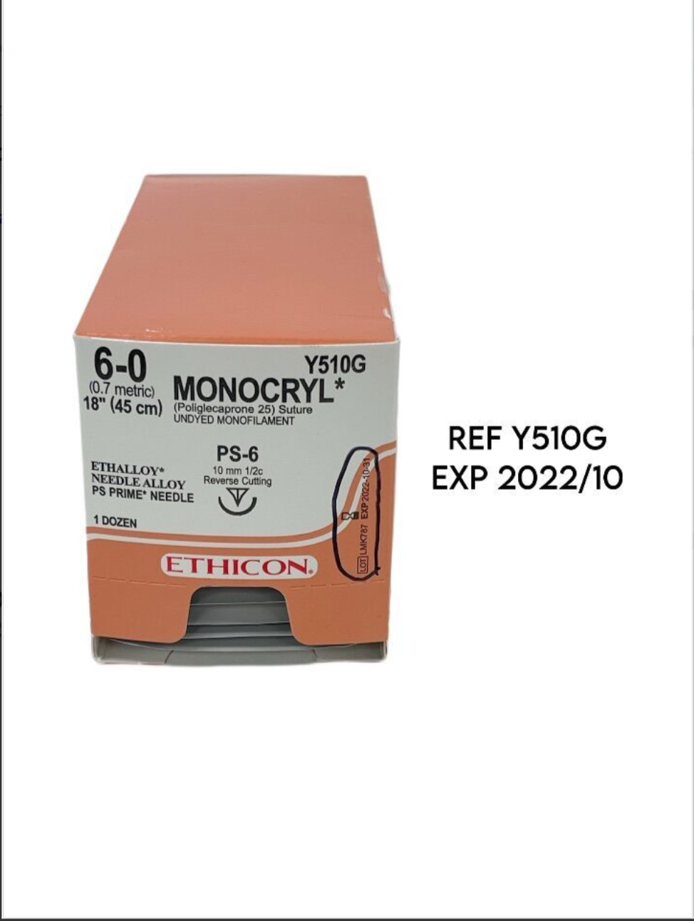 ETHICON Y510G MONOCRYL (Poliglecaprone 25) Suture 6-0 (0.7 metric) 18" (45 cm) EXP 2022 10