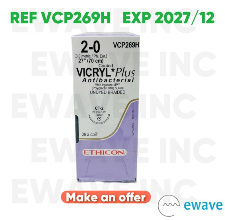 ETHICON VCP269H Coated VICRYL Plus Antibacterial SUTURE 2-0 (3.0 metric / Ph. Eur.) 27" (70 cm) (36/BOX) EXP 2027 12