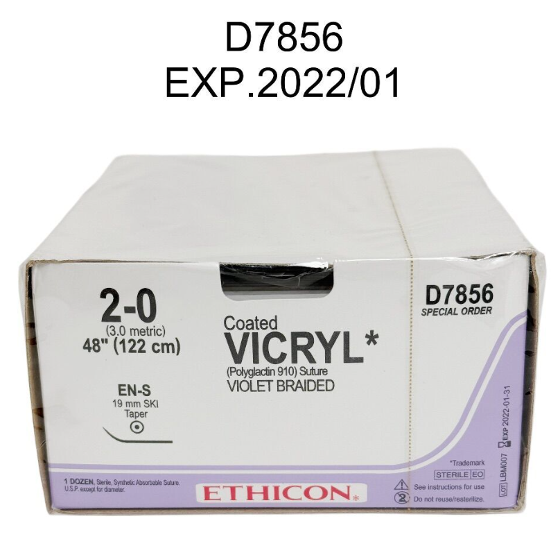 ETHICON D7856 COATED VICRYL (Polyglactin 910) Suture VIOLET BRAIDED 2-0 48" 12/BOX EXP.2022 01