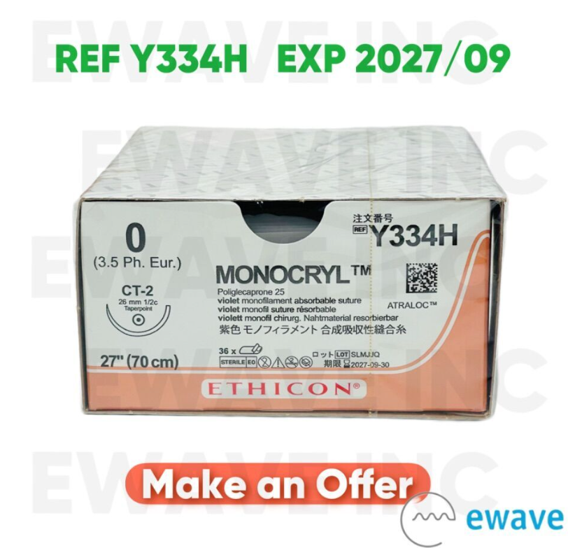 ETHICON Y334H MONOCRYL Poliglecaprone 25 SUTURE (3.5 Ph. Eur.) СТ-2 (36/BOX) EXP 2027 09