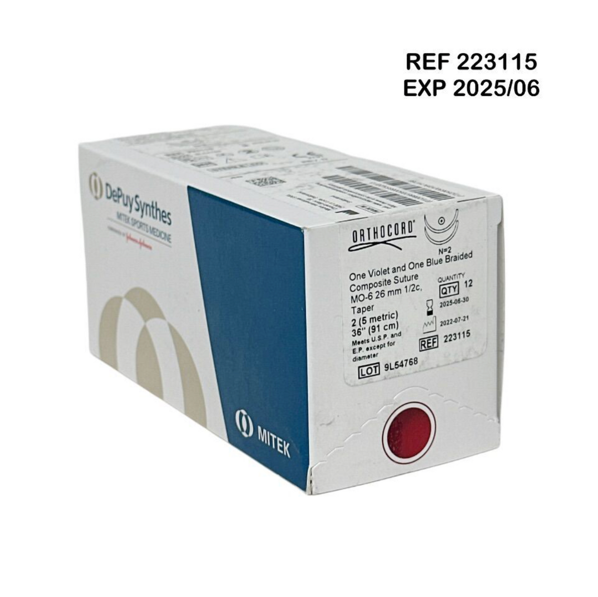 DEPUY MITEK 223115 One Violet and One Blue Braided Composite Suture MO-6 26 mm 1/2c Taper 2 (5 metric) 36" (91 cm) EXP 2025 06