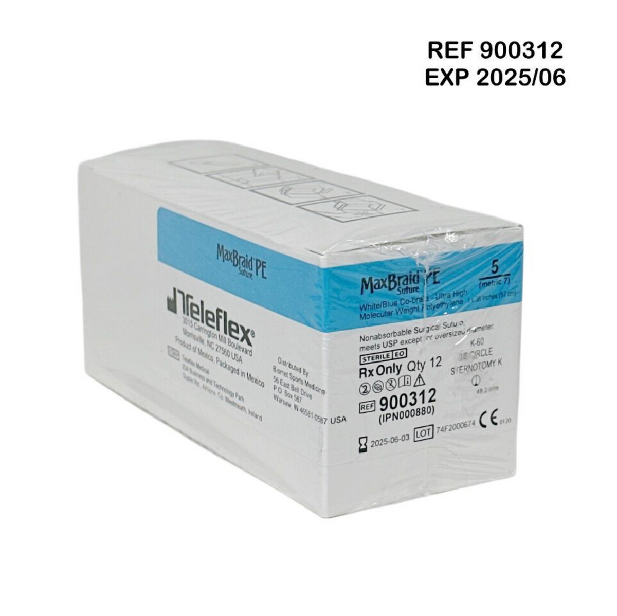 TELEFLEX 900312 MaxBraid PE Blue/White 5 Suture with K-Point Cutting Needle 12/Box EXP 2025 06