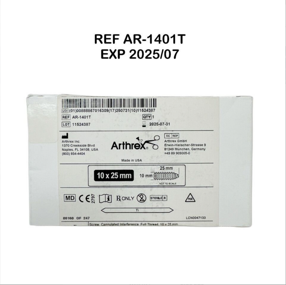 ARTHREX AR-1401T Screw Cannulated Interference Full Thread 10 × 25 mm EXP 2025 07