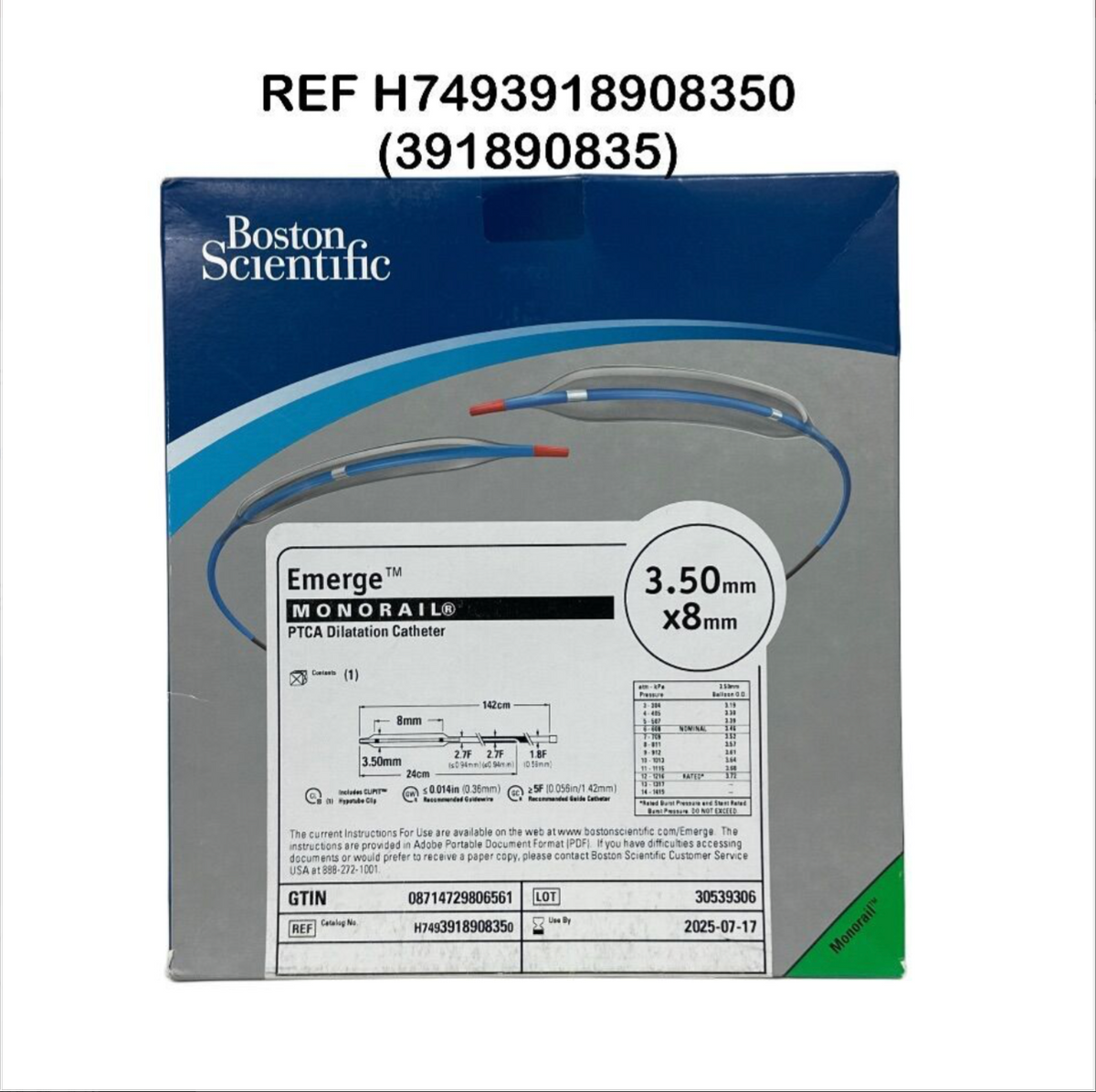 BOSTON SCIENTIFIC H7493918908350 (391890835) Emerge MONORAIL PTCA Dilatation Catheter 3.50 mm x 8mm EXP 2025 07