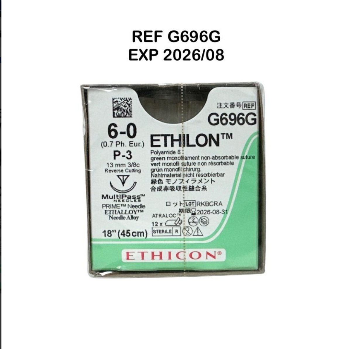 ETHICON G696G ETHILON Polyamide 6 green monofilament non-absorbable suture 6-0 (0.7 Ph. Eur.) P-3 EXP 2026 08