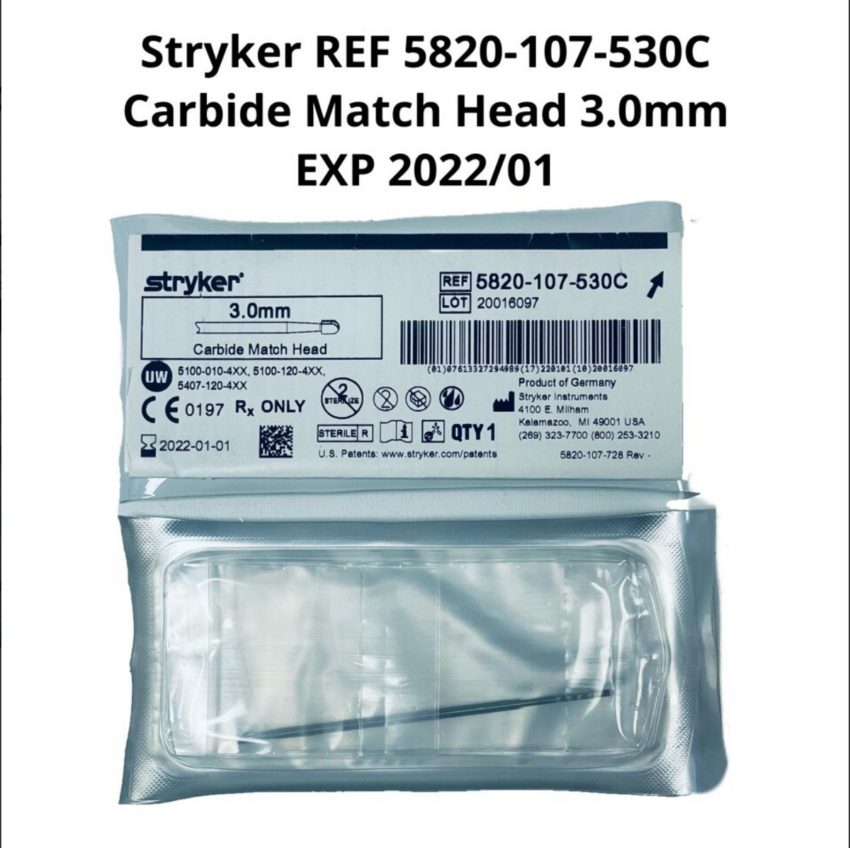 STRYKER 5820-107-530C Carbide Match Head 3.0mm EXP 2022 01