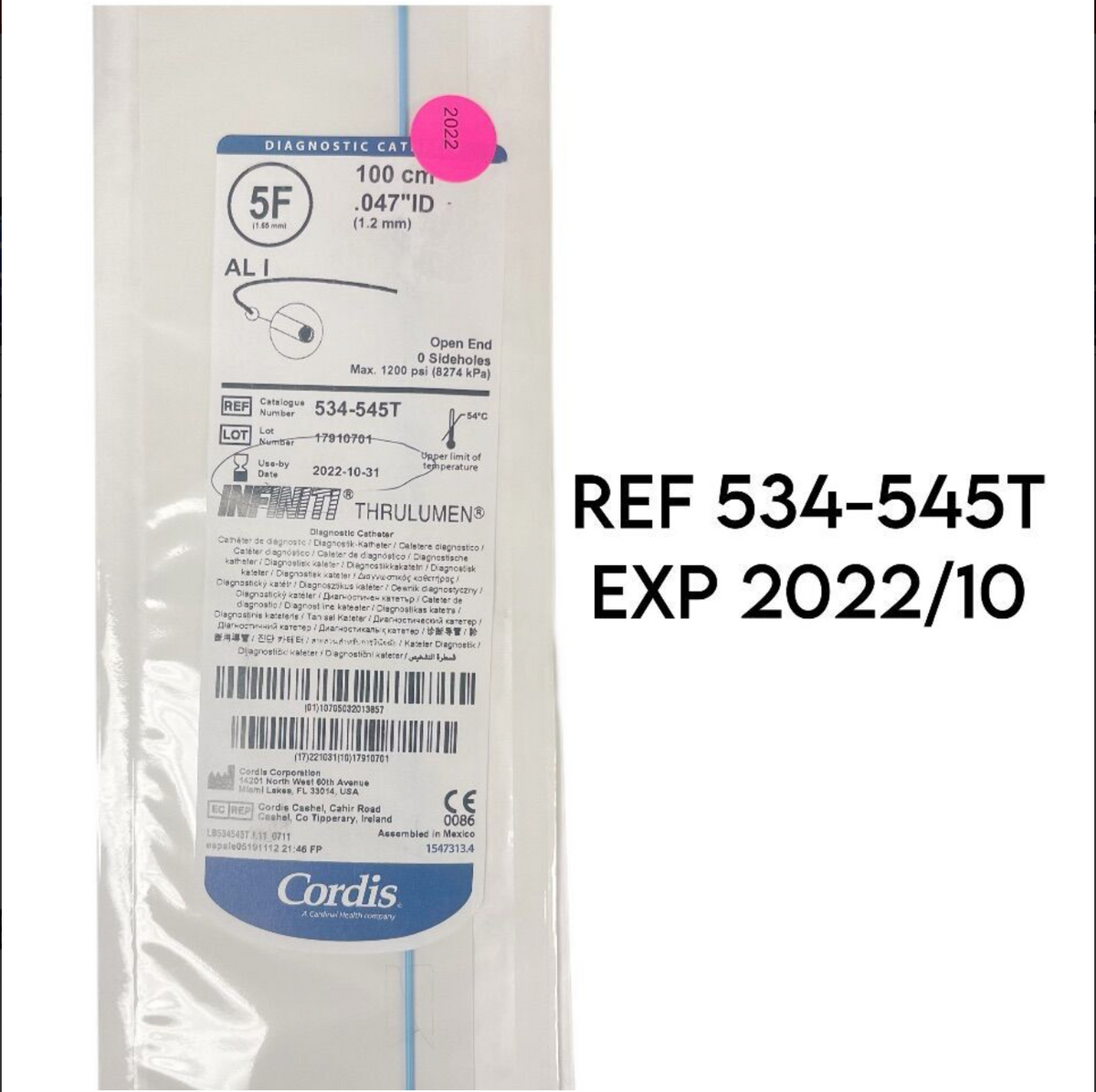 CORDIS 534-545T INFINITY THRULUMEN DIagnostic Catheter 5F EXP 2022 10