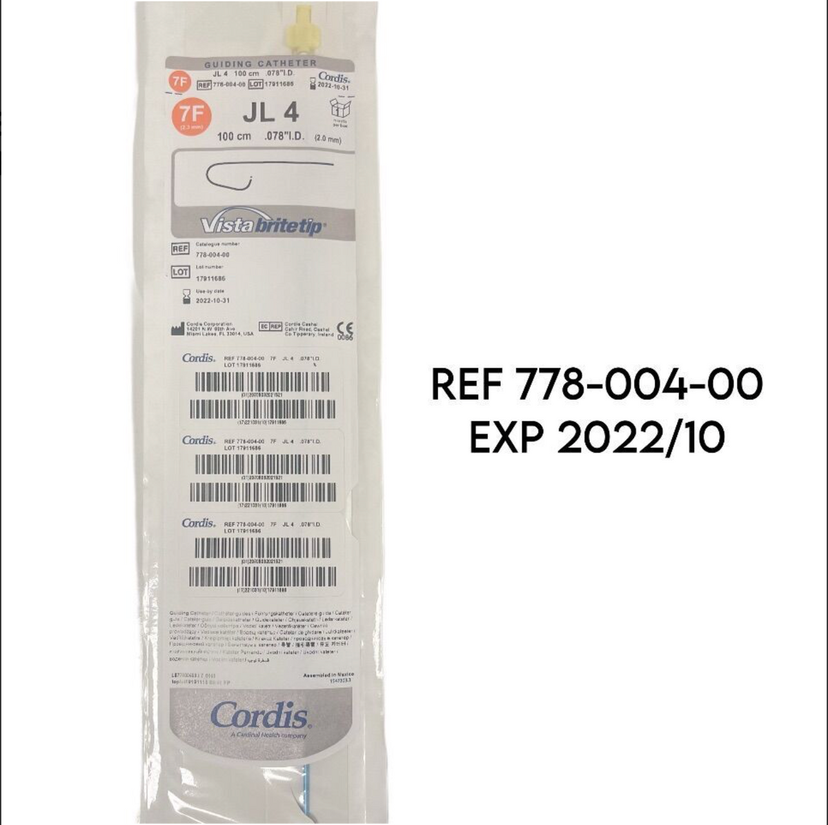 CORDIS 778-004-00 JL4 GUIDING CATHETER 7F VISTABRITETIP EXP 2022 10
