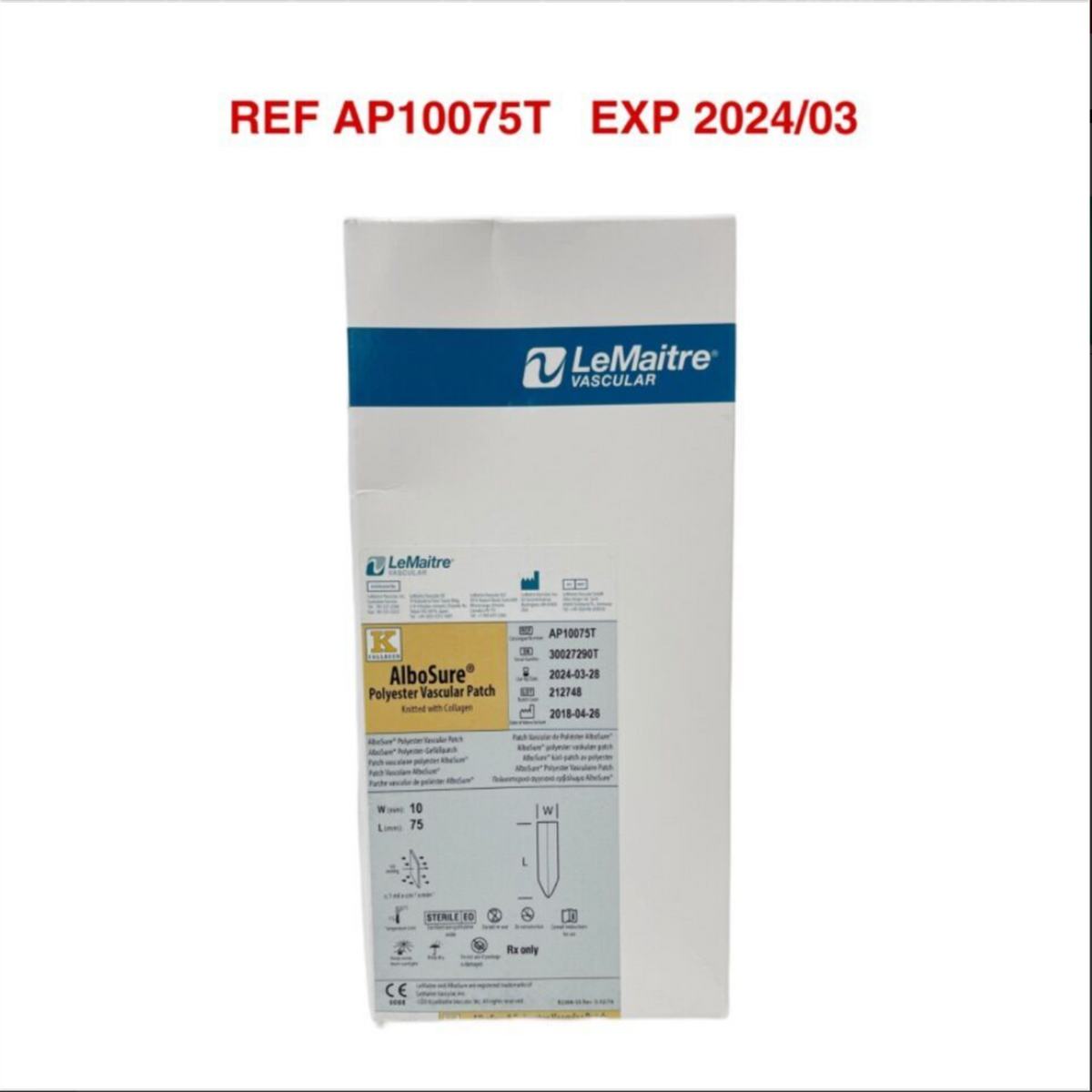LEMAITRE AP10075T AlboSure Polyester Vascular Patch Knitted with Collagen W (mm): 10 L (mm) 75 EXP 2024 03