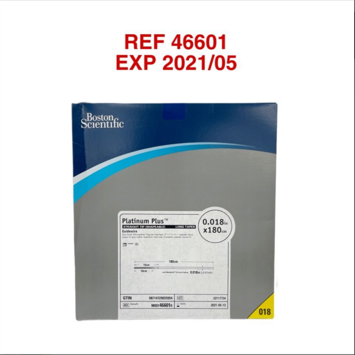 BOSTON SCIENTIFIC 46601 Platinum Plus STRAIGHT TIP (SHAPEABLE) LONG TAPER Guidewire 0.018in x180cm EXP 2021 05