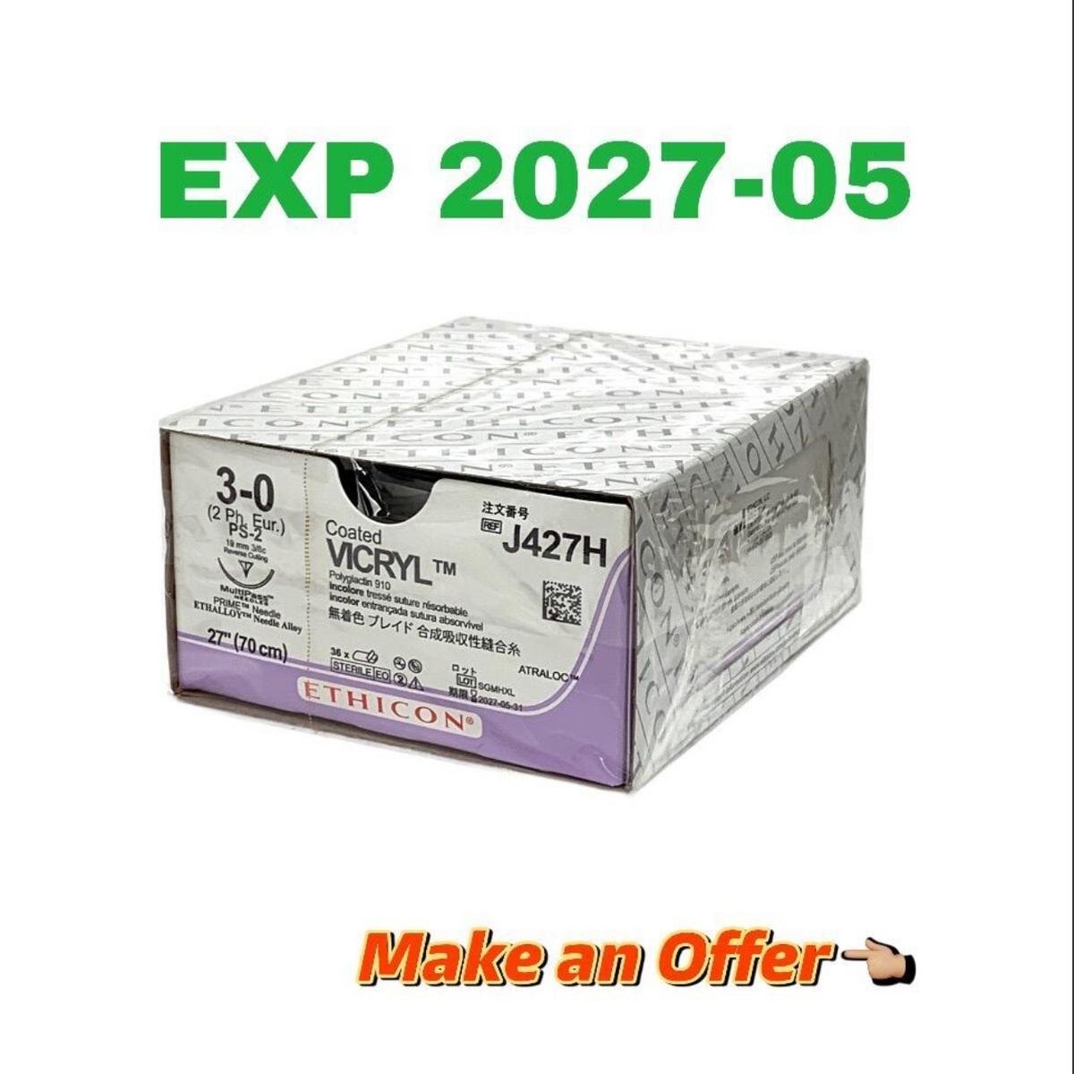 ETHICON J427H Coated VICRYL Polyglactin 910 undYed braided absorbable suture EXP 2027 05