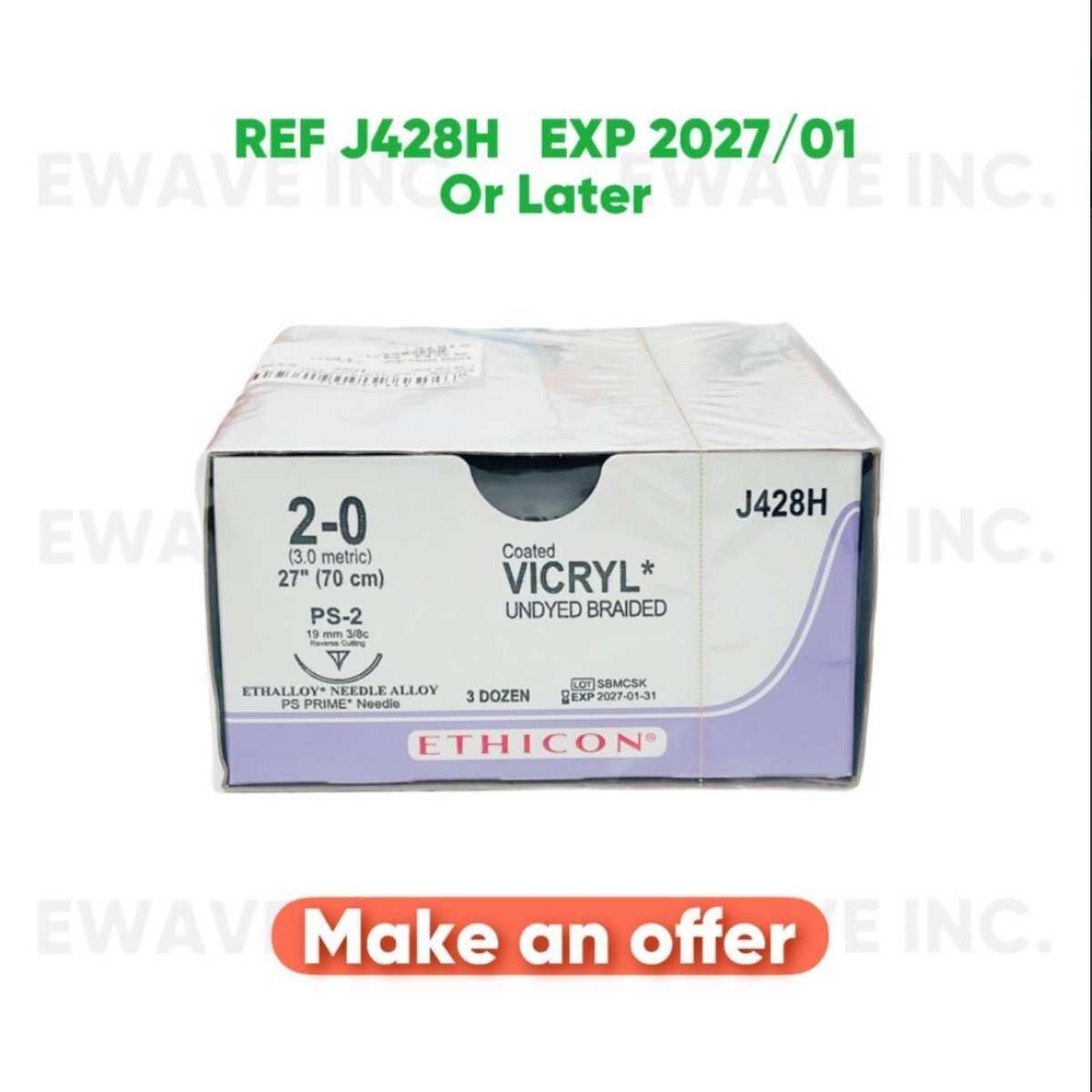ETHICON J428H Coated VICRYL UNDYED BRAIDED 2-0 (3.0 metric) 27" (70 cm) PS-2 (36/BOX) EXP 2027 01