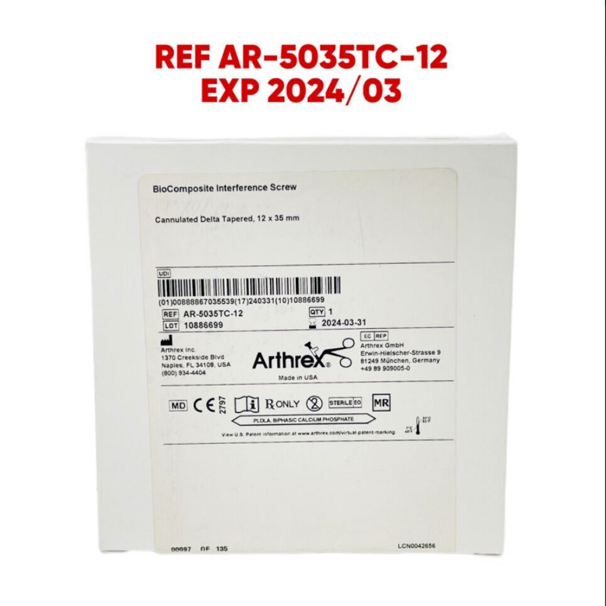 ARTHREX AR-5035TC-12 BioComposite Interference Screw Cannulated Delta Tapered 12 x 35 mm EXP 2024 03
