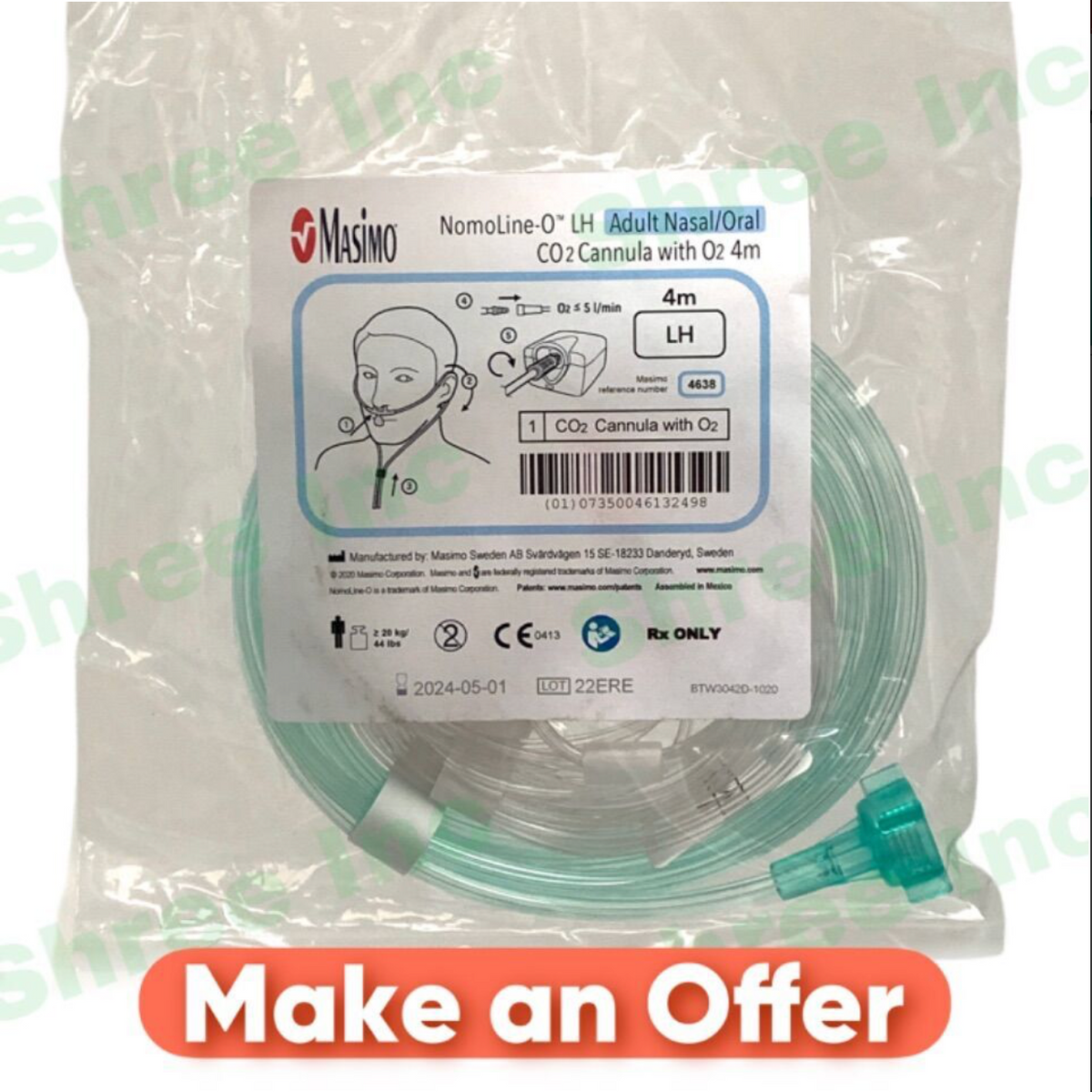 MASIMO 4638 NomoLine-0 LH Adult Nasal/Oral CO2 Cannula with 02 4m