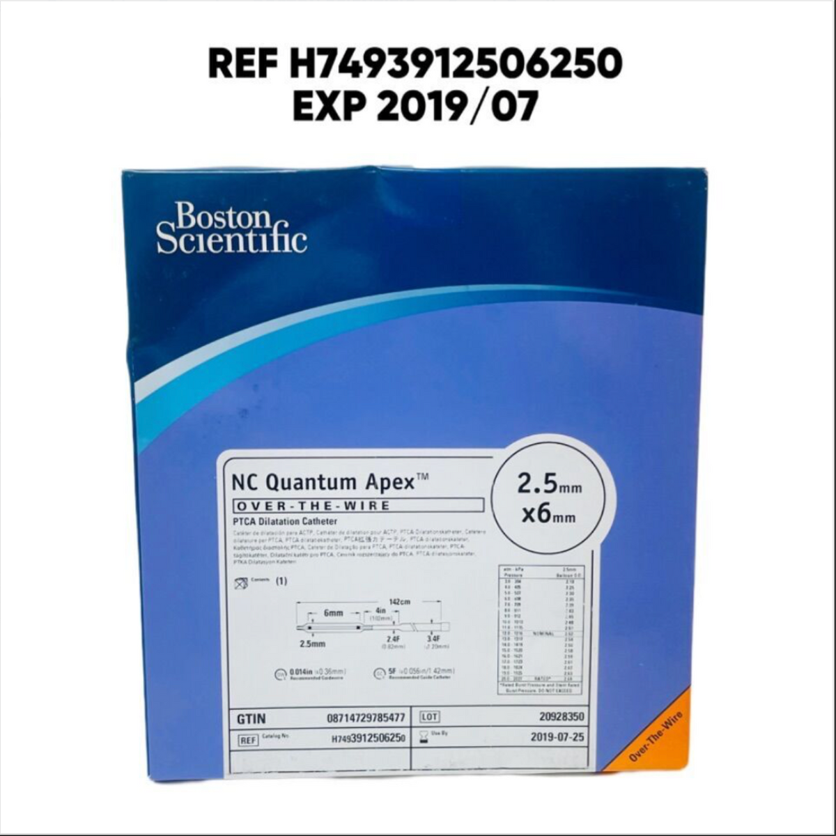 BOSTON SCIENTIFIC H7493912506250 NC Quantum Apex OVER THE WIRE PTCA Dilatation Catheter 2.5mm x6 mm EXP 2019 07