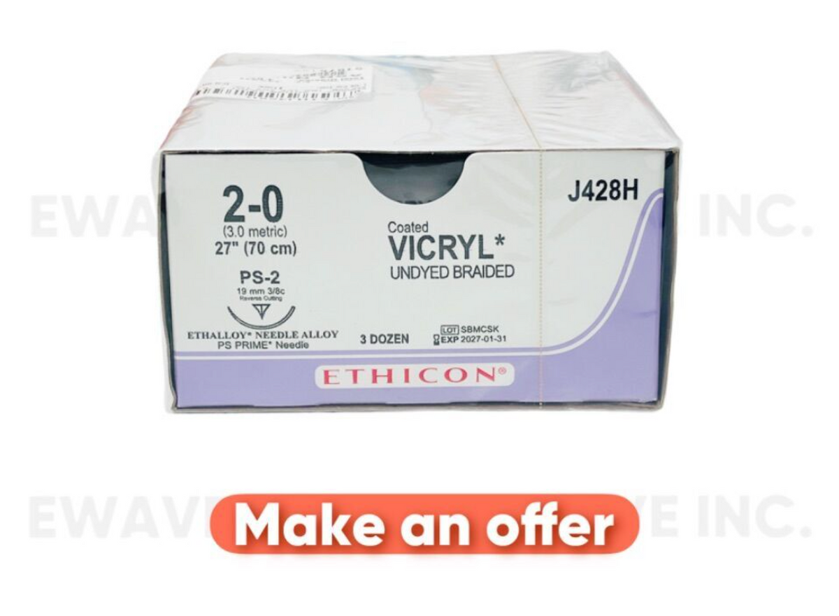 ETHICON J428H Coated VICRYL UNDYED BRAIDED 2-0 (3.0 metric) 27" (70 cm) PS-2 (36/BOX) EXP 2028 05