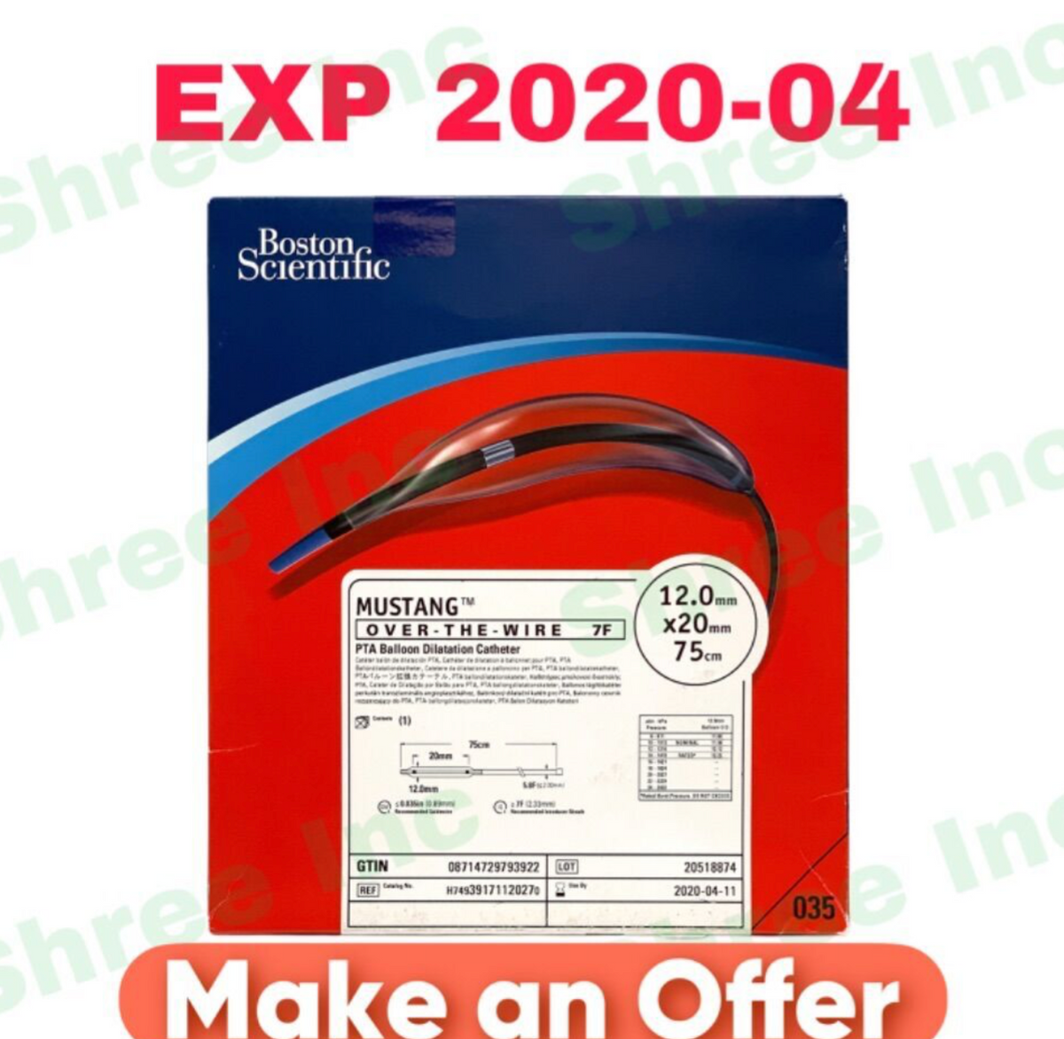 BOSTON SCIENTIFIC H74939171120270 MUSTANG OVER THE WIRE 7F PTA Balloon Dilatation Catheter EXP 2020 04