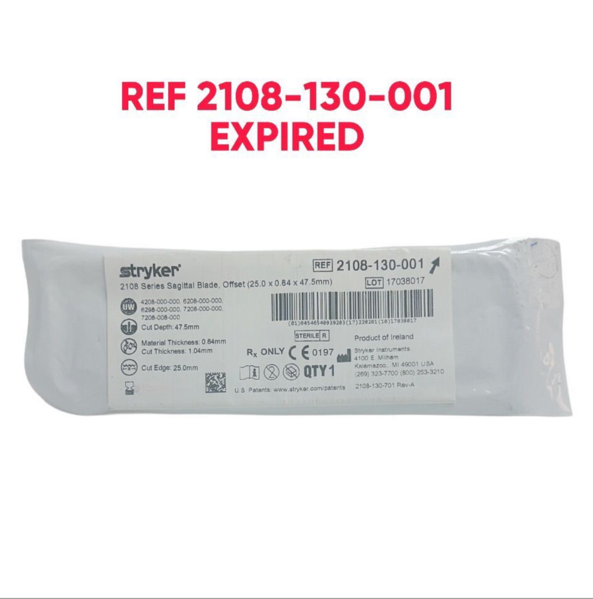STRYKER 2108-130-001 Series Sagittal Blade Offset (25.0 x 0.64 x 47.5mm) EXPIRED