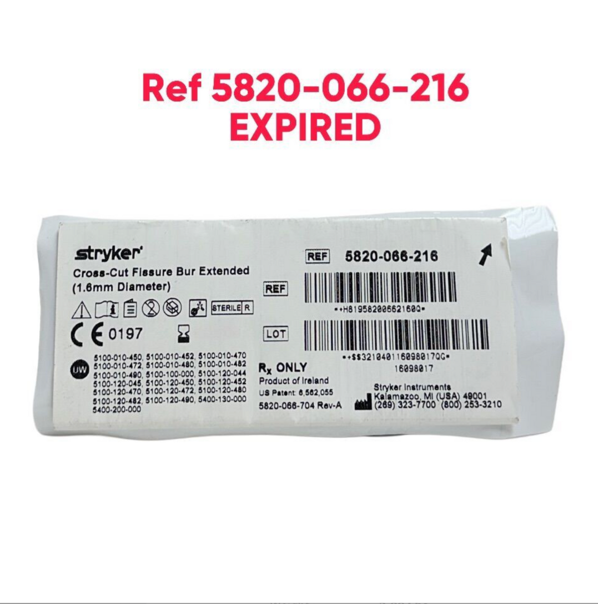 STRYKER 5820-066-216 Cross-Cut Fissure Bur Extended (1.6mm Diameter) EXPIRED