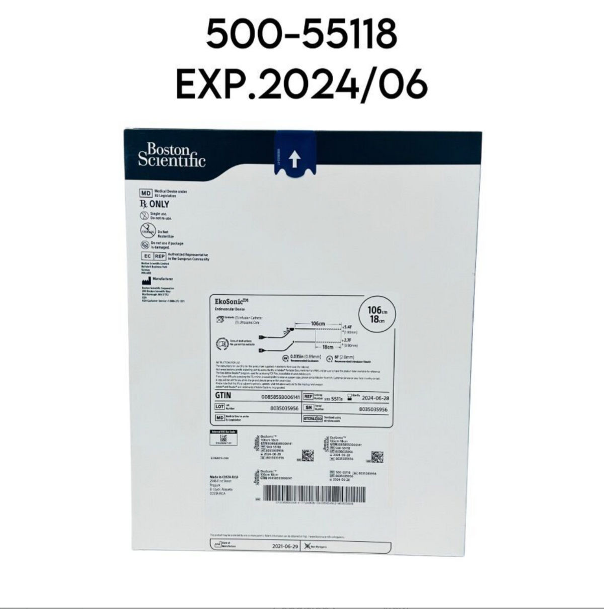 BOSTON SCIENTIFIC 500-55118 EkoSonic Endovascular Device (1) Infusion Catheter (1) Ultrasonic Core 106cm X 18cm EXP 2024 06
