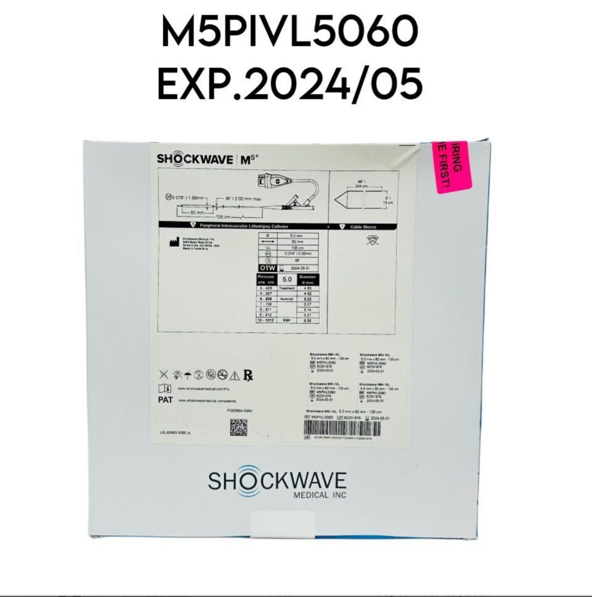 SHOCKWAVE M5PIVL5060 M5+ IVL Peripheral Intravascular Lithotripsy Catheter 5.0 mm x 60 mm - 135 cm EXP 2024 05