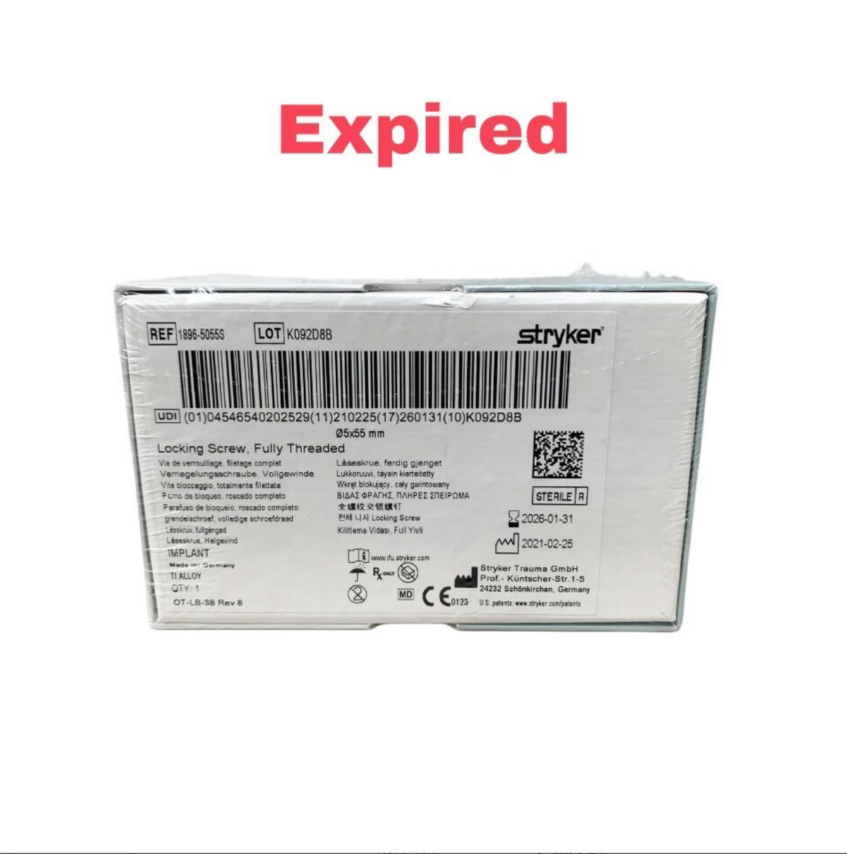 STRYKER 1896-5055S Locking Screw Fully Threaded 5.5 x 55mm TI Alloy Exp 2026 01