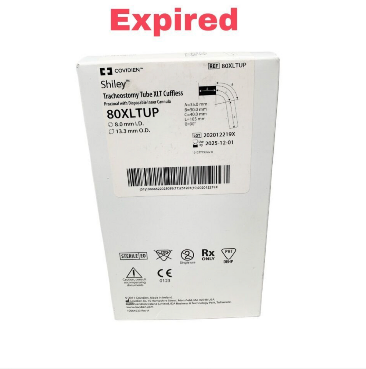 COVIDIEN 80XLTUP Shiley XLT Cuffless Tracheostomy Tube Proximal with Disposable Inner Cannula (8.0mm I.D.) Exp 2025 12